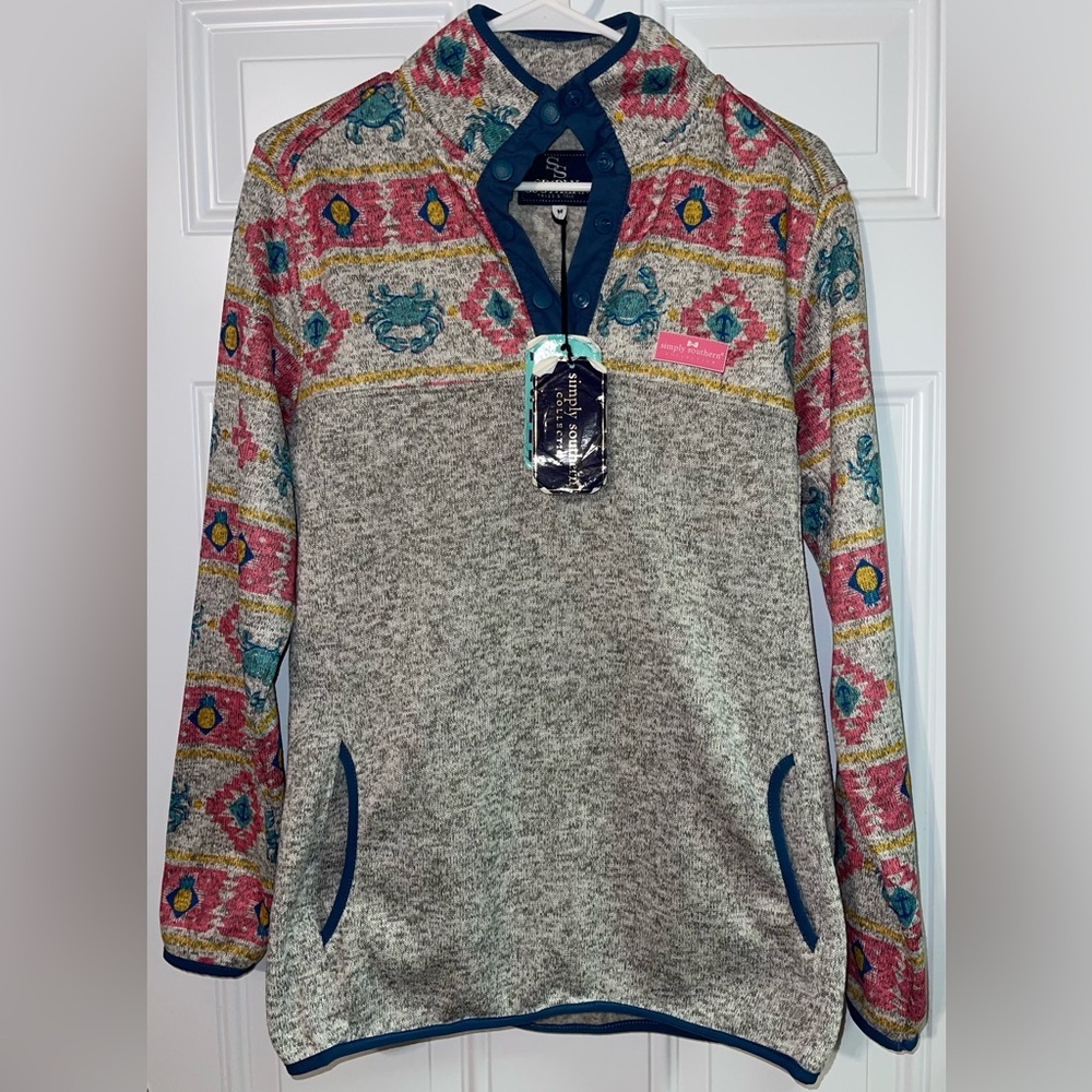 Simply Southern Snap Pullover Sweater Crab Knit Pattern Smoke Gray Women's Sz M